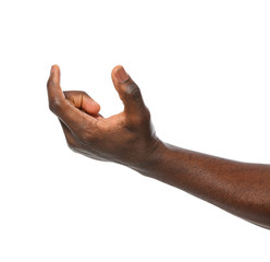 African-American man holding something in hand on white background, closeup