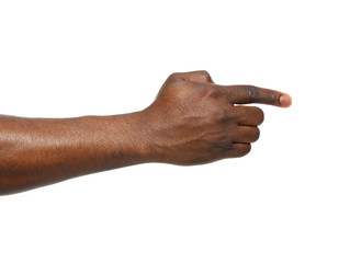 African-American man showing hand gesture on white background, closeup