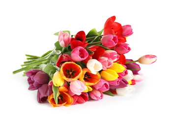 Beautiful bouquet of spring tulip flowers isolated on white