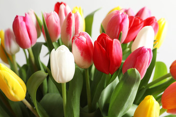 Beautiful bouquet of bright tulip flowers on light background, closeup