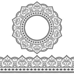 Set of seamless borders and circular ornament in form of frame for design, application of henna, Mehndi, tattoo and print. Decorative pattern in ethnic oriental style.