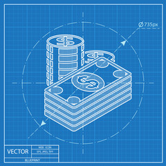 Cash illustration. Paper money with coins vector blueprint icon