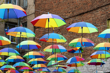Fototapeta na wymiar Umbrellas decorating the street.