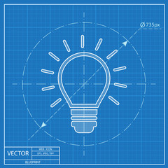 Electric light bulb with rays vector blueprint icon