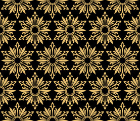Abstract geometric pattern with lines, snowflakes. A seamless vector background. Gold and black texture. Graphic modern pattern