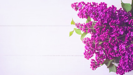lilac branches on white wooden background top view. background with lilac and copy space. branches lilac flat lay.