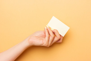 Blank white business card holding in female hand