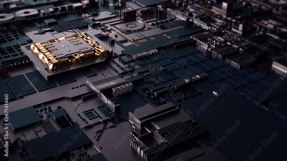 Poster Printed circuit board futuristic server/Circuit board futuristic server code processing. Orange,  green, blue technology background with bokeh.
