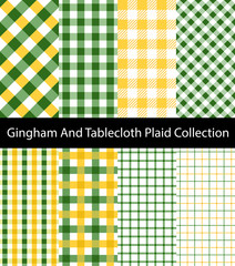 Collection of Green and Yellow Gingham / Tablecloth patterns. Seamless checkered and square texture backgrounds.