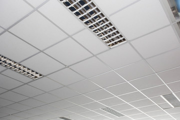 Suspended ceiling with LED square lamps sin the office
