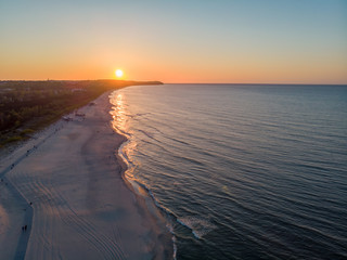Sunset over the beach in Wladyslawowo, Poland. Baltic sea. Drone aerial HDR-photo