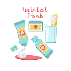 Teeth best friends -toothbrush, toothpast and floss. Dental concept for children dentistry and orthodontics. 