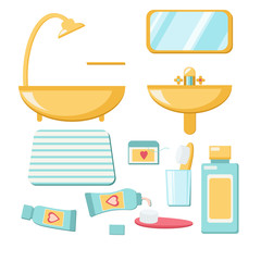 Bathroom elements. Home Interior objects - bath, square mirror, wash basin, toothbrush, toothpaste, dental floss
