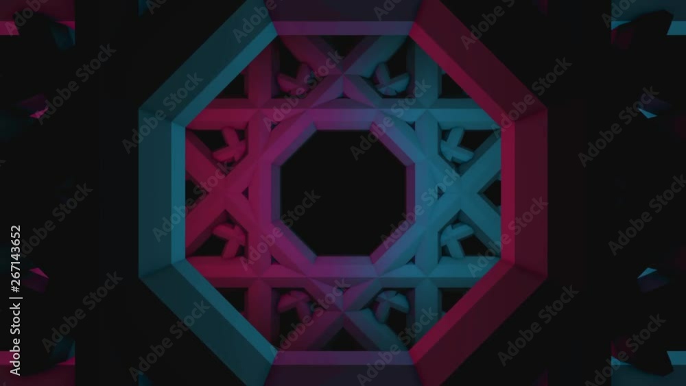 Poster abstract animation of futuristic geometrical forms looking like a tunnel on the dark background. ani