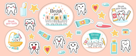 Teeth and Dentistry Elements  Stickers. Badges. Dental vector cartoons. Illustration for children dentistry and orthodontics. 