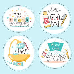Dental quote - brush your teeth. Stickers with cute smiling cartoon teeth. Stomatology concept. Flat style cartoon character illustration. 