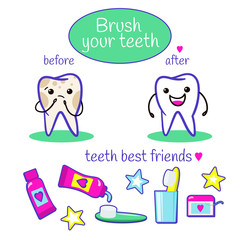 Tooth character before and after brushing. Cute tooth characters. Dental personage