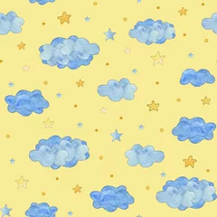 Fototapete Rund Seamless pattern with blue clouds and yellow stars, baby background © Daria Korolova