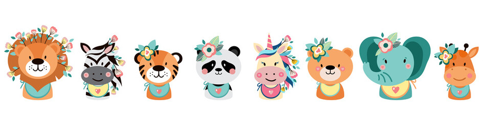 Cute animals with flowers. Lion, zebra, tiger, panda, elephant, bear, unicorn, giraffe. Illustrations for nursery design, poster, birthday greeting cards.