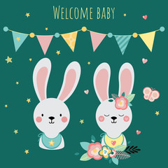 Bunnies with flowers. Cute card with little hares, poster for baby room, baby shower, greeting card, kids and baby t-shirts and wear. Welcome baby.