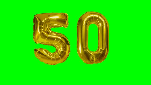 Number 50 fifty years birthday anniversary golden balloon floating on green screen - Powered by Adobe