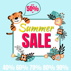 Summer sale banner with 50% off discount text and floral elements . Design for flyer, invitation, poster, web site, greeting card and store marketing promotion.