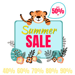 Summer sale banner with 50% off discount text and floral elements . Design for flyer, invitation, poster, web site, greeting card and store marketing promotion.
