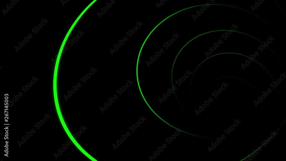 Poster abstract animation of endless spinning colorful neon line moving in a spiral on the black background