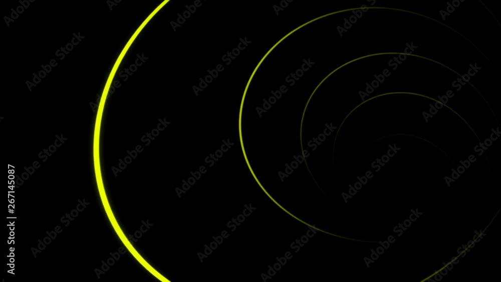 Poster abstract animation of endless spinning colorful neon line moving in a spiral on the black background