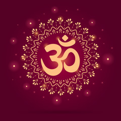 Om symbol or mantra in Hinduism. Red gradient with lights mandala illustration.