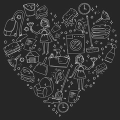 cleaning services company vector monochrome pattern on black background, drawing chalk.