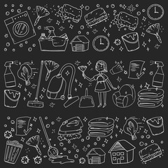 cleaning services company vector monochrome pattern on black background, drawing chalk.