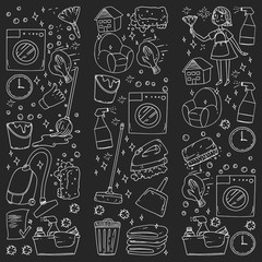 cleaning services company vector monochrome pattern on black background, drawing chalk.