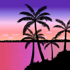 Tropical seashore sunset landscape at summer with palm trees. In blue, purple, orange and pink colors. Ready to use in decoration, banners, social media, posters, flyers and advertising.