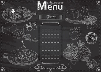 Vector template with appetizer elements for menu stylized as chalk drawing on chalkboard.Design for a restaurant, cafe or bar