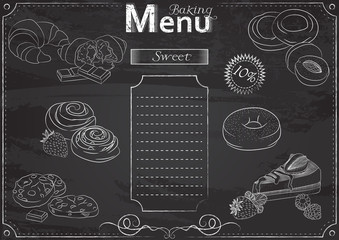 Vector template with baking elements for menu stylized as chalk drawing on chalkboard.Design for a restaurant, cafe or bar