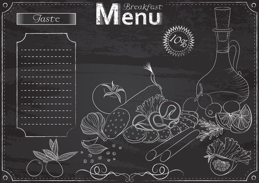 Vector template with breakfast elements for menu stylized as chalk drawing on chalkboard.Design for a restaurant, cafe or bar