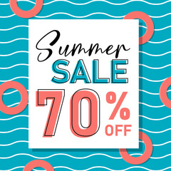 Summer sale banner with manuscript  and printing font. With water and  inflatable swimming pool ring background. In blue, pink, black and white colors. Ready to use in social media and posters. 