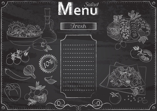 Vector template with salad elements for menu stylized as chalk drawing on chalkboard.Design for a restaurant, cafe or bar