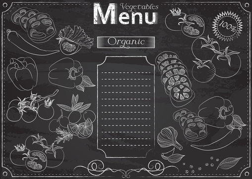 Vector template with vegetables elements for menu stylized as chalk drawing on chalkboard.Design for a restaurant, cafe or bar