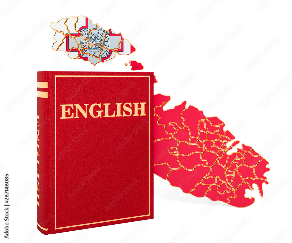 Poster english language book with map of malta, 3d rendering