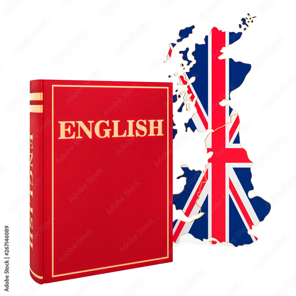 Poster english language book with map of britain, 3d rendering