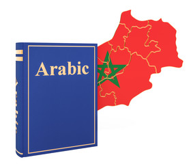 Arabic language book with map of Morocco, 3D rendering