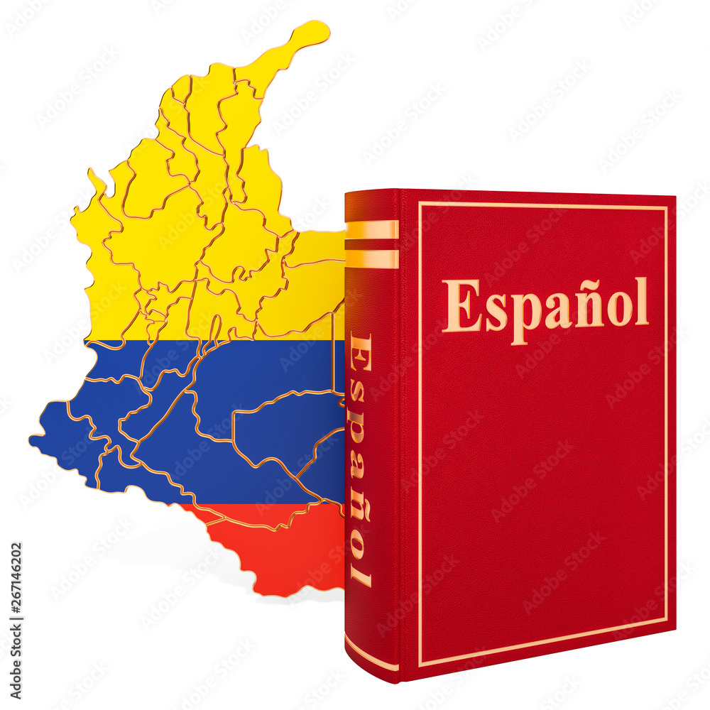 Poster spanish language book with map of columbia, 3d rendering