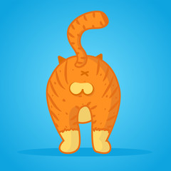 Vector illustration of cute cartoon ginger male orange cat boy character back side view on blue background. 