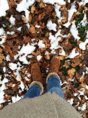 Top View on Boots on Snow-Covered Foliage