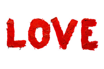 LOVE word text made of smudged red lipstick  isolated on white background