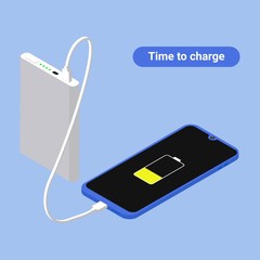 Flat isometric Smartphone connection with power bank via USB cable. Vector 3d illustration. Isometry frameless phone charging and powerbank concept.