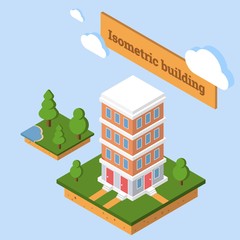 Isometric building vector. 3d isometric icon or infographic element representing low poly town apartment building.