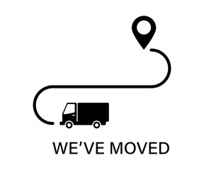 We' ve moved icon with poinre road and truck. New place banner isolated. Sign of new location.
